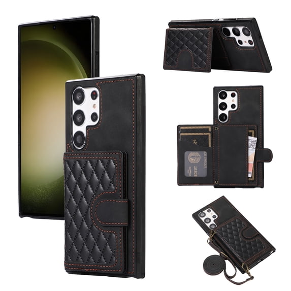 ELEHOLD for Samsung Galaxy S21 Ultra, Wallet Case,Detachable Adjustable Shoulder Strap With Card Holder Shockproof Leather Kickstand Case, black