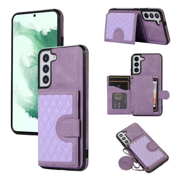 ELEHOLD for Samsung Galaxy S21, Wallet Case,Detachable Adjustable Shoulder Strap With Card Holder Shockproof Leather Kickstand Case, purple