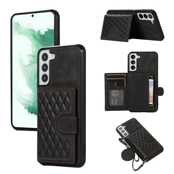 ELEHOLD for Samsung Galaxy S22 Plus, Wallet Case,Detachable Adjustable Shoulder Strap With Card Holder Shockproof Leather Kickstand Case, black