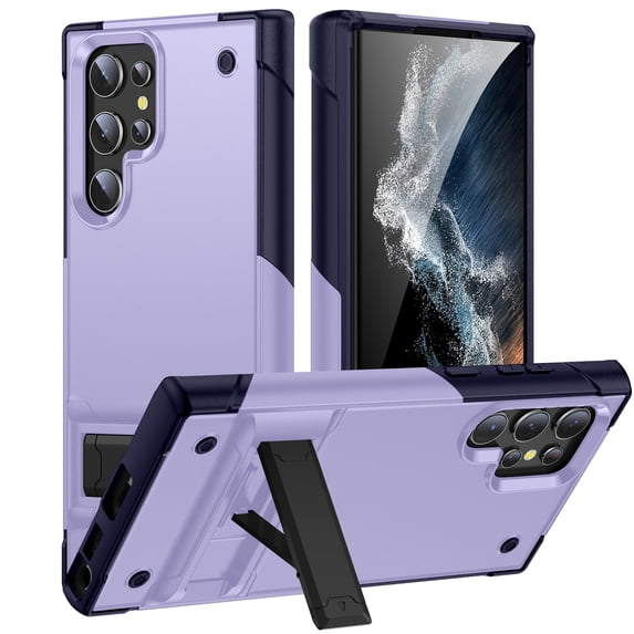 ELEHOLD for Samsung Galaxy S22 Ultra, Rugged Shockproof Hard PC Case,With Built-in Foldable Invisible Kickstand Heavy Duty Case Cover, lightpurple