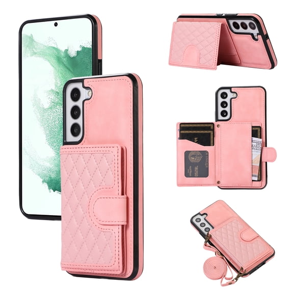 ELEHOLD for Samsung Galaxy S23 Plus, Wallet Case,Detachable Adjustable Shoulder Strap With Card Holder Shockproof Leather Kickstand Case, rosegold