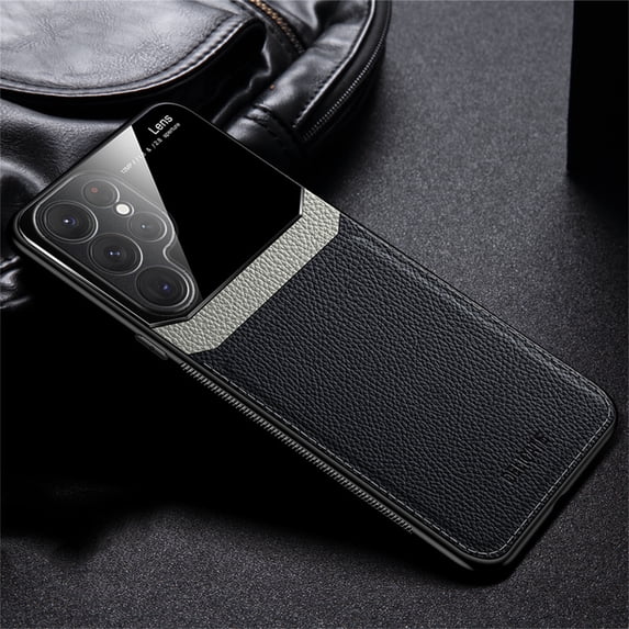ELEHOLD for Samsung Galaxy S23 Ultra,Premium Leather Case Camera Lens Protection Slim Lightweight Non-Slip Shockproof Protective Cover,6.8" ,Black