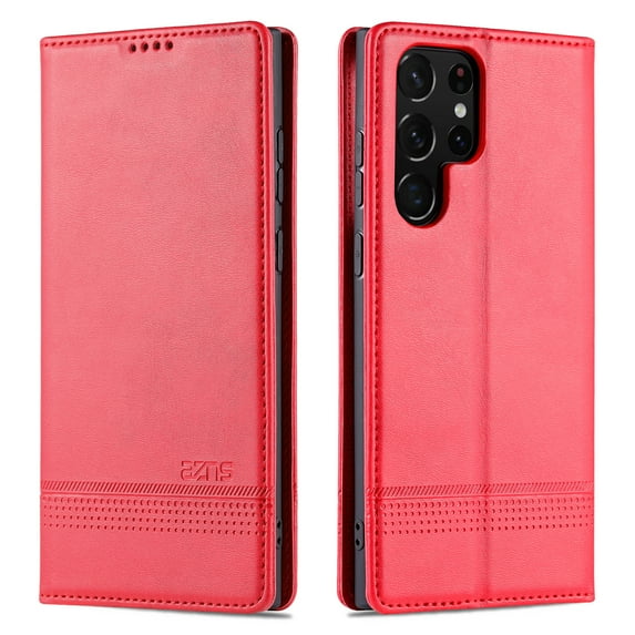 ELEHOLD for Samsung Galaxy S24 Flip Leather Wallet Case with Card Slots Kickstand Function Shockproof Protective Cover,Red