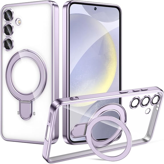 ELEHOLD for Samsung Galaxy S25 FE Magentic Case,Shockproof Plating Clear Ring Holder Kickstand Magnetic Case With Camera Lens Protector,Lavender