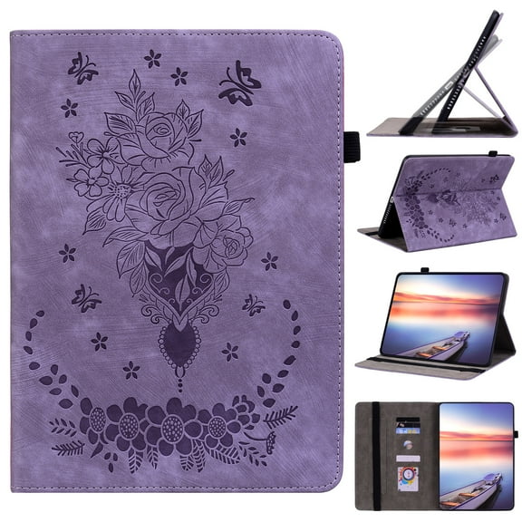 ELEHOLD for Samsung Galaxy Tab S8 Plus/S7 FE/S7 Plus Case 12.4 Inch, Embossed Butterfly Folio Stand Cover with Card Holder Slots,Purple