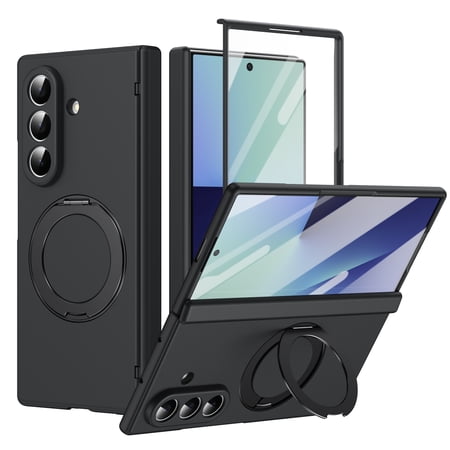 ELEHOLD for Samsung Galaxy Z Fold8 Ultra Rugged Case , Shockproof Magnetic Ring Stand Hinge Protection Cover With Built-in Front Glass Film, Black