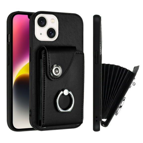 ELEHOLD for iPhone 13 Wallet Case PU Leather Organ Card Slots Holders Magnetic Button Finger Ring Holder Stand Shockproof Full Protective Case,black