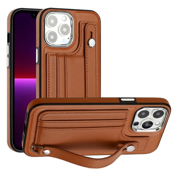 ELEHOLD for iPhone 14 Plus, Wallet Case with Credit Card Slots,Rugged Hybrid Shockproof PU Leather Wristband Kickstand Anti-Scratch Case Cover, brown