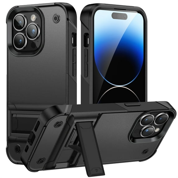 ELEHOLD for iPhone 14 Pro, Rugged Shockproof Hard PC Case,With Built-in Foldable Invisible Kickstand Heavy Duty Case Cover, black