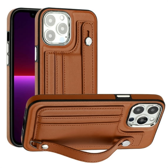 ELEHOLD for iPhone 14 Pro, Wallet Case with Credit Card Slots,Rugged Hybrid Shockproof PU Leather Wristband Kickstand Anti-Scratch Case Cover, brown