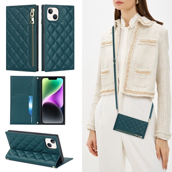 ELEHOLD for iPhone 14 Wallet Case,Card Slot Zipper Purse Adjustable Crossbody Strap Stand Function Leather Wallet Case for iPhone 14 6.1 inch,Green