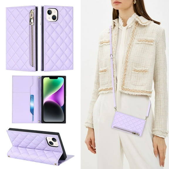 ELEHOLD for iPhone 14 Wallet Case,Card Slot Zipper Purse Adjustable Crossbody Strap Stand Function Leather Wallet Case for iPhone 14 6.1 inch,Purple