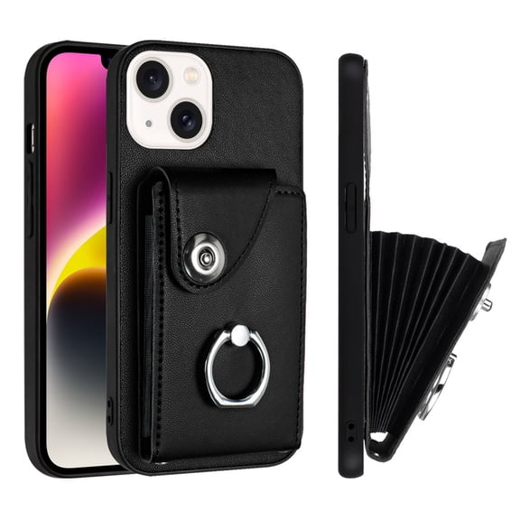 ELEHOLD for iPhone 14 Wallet Case PU Leather Organ Card Slots Holders Magnetic Button Finger Ring Holder Stand Shockproof Full Protective Case,black