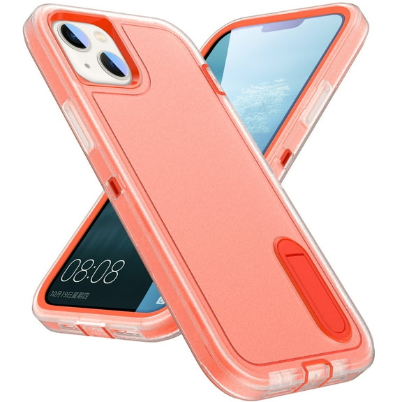 ELEHOLD for iPhone 15 Rugged Protective Case Multi Layer Shockproof Hidden Kickstand Hybrid Silicone Hard PC Cover for iPhone 15,Clear+Orange