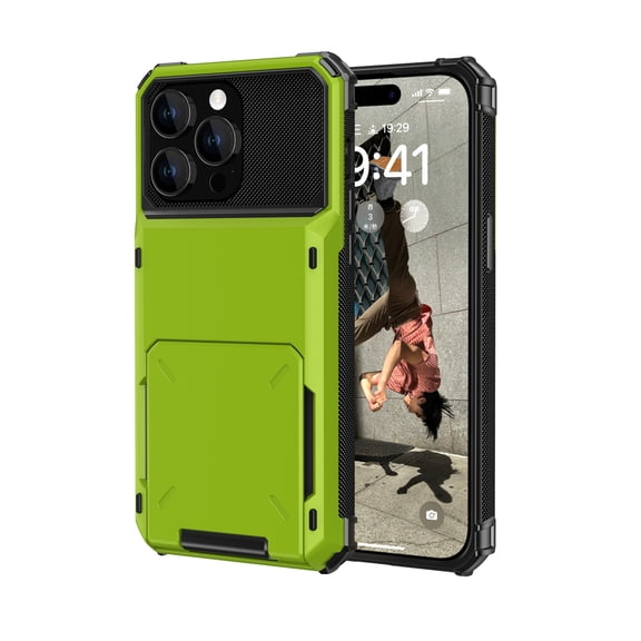 ELEHOLD for iPhone 16 Case, Open Back Wallet Hidden Card Slot Rugged Shockproof Hybrid Hard PC Shell Anti-Scratch Protective Case for iPhone 16,Green