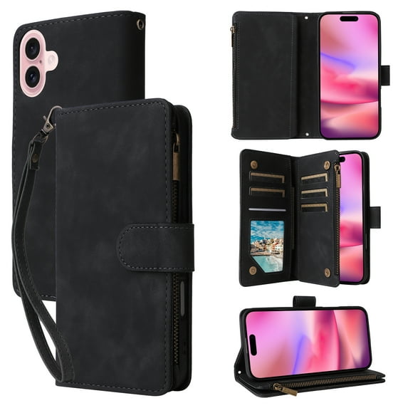 ELEHOLD for iPhone 16 Case, PU Leather Case Magnetic Closure Handbag Zipper Pocket Kickstand Card Slots Flip Shockproof Wallet Case with Strap,Black