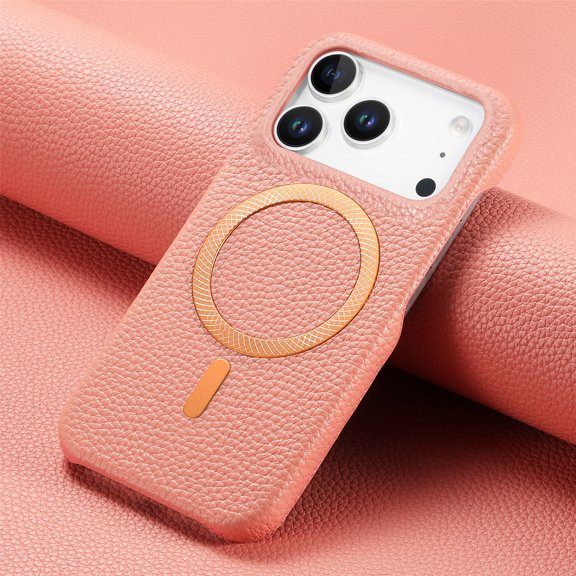 ELEHOLD for iPhone 17 Pro Max Case, Compatible with Magnetic Accessory, Shockproof Litchi Texture Leather Cover, Raised Edge Protection,Pink