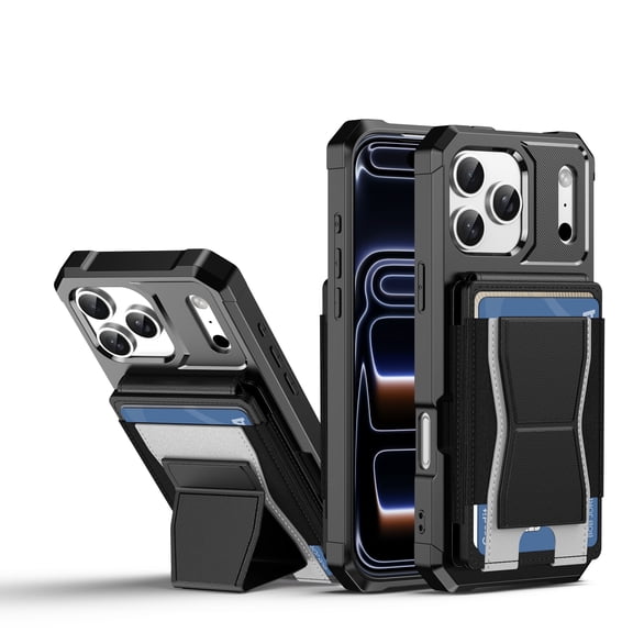 ELEHOLD for iPhone 17 Pro Wallet Case, Shockproof Leather Case with Kickstand and Card Holder, Elastic Band for Extra Cards & Cash,Black