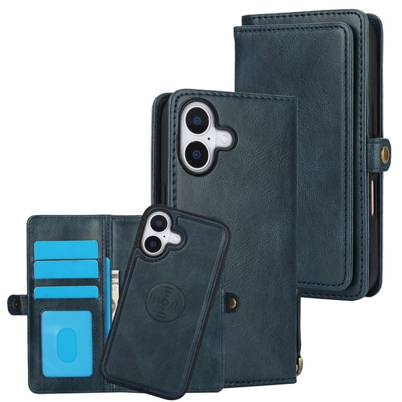 ELEHOLD for iPhone 17 Wallet Case, Shockproof Leather Detachable Card Slots Phone Case With Lanyard Shockproof Wallet Cover,Navyblue