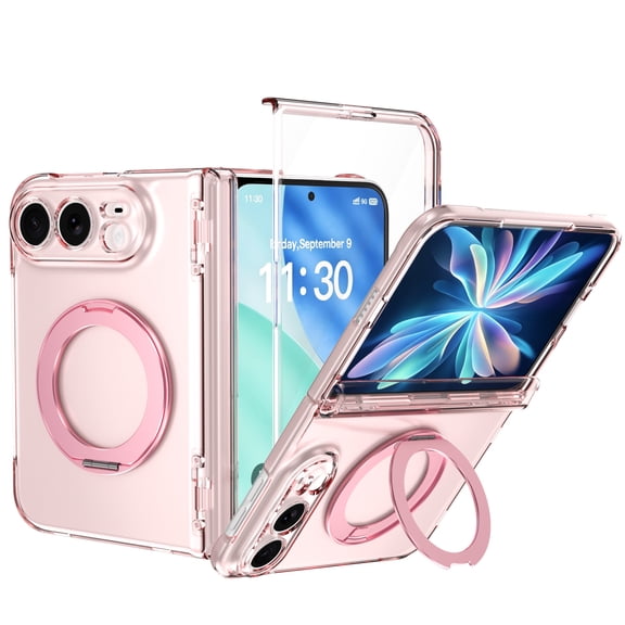 ELEHOLD for iPhone Duo Case with Built-in Screen Protector, Compatible with MagSafe, Clear Heavy Duty Shockproof Hinge Cover Ring Stand,Pink