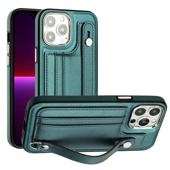 ELEHOLD for iPhone XR, Wallet Case with Credit Card Slots,Rugged Hybrid Shockproof PU Leather Wristband Kickstand Anti-Scratch Case Cover, green