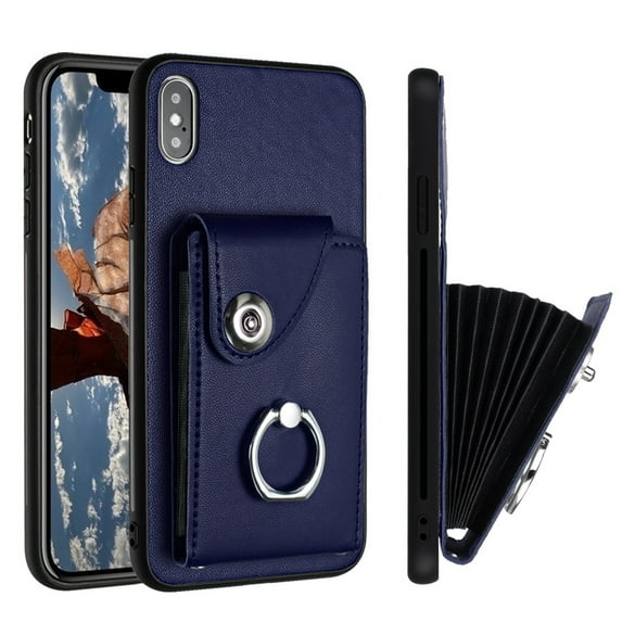 ELEHOLD for iPhone XS/X Wallet Case PU Leather Organ Card Slots Holders Magnetic Button Finger Ring Holder Stand Shockproof Full Protective Case,blue