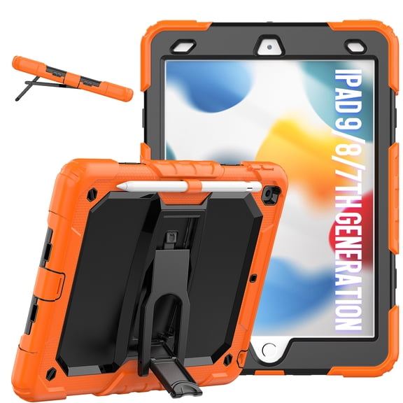 ELEHOLD for iPad 10.2 2021/2020/2019 Ragged Case, Soft Silicone Hard PC Shoulder Strap Built-Kickstand Anti-Drop Shockproof Heavy Duty Protective Cover Case,Orange