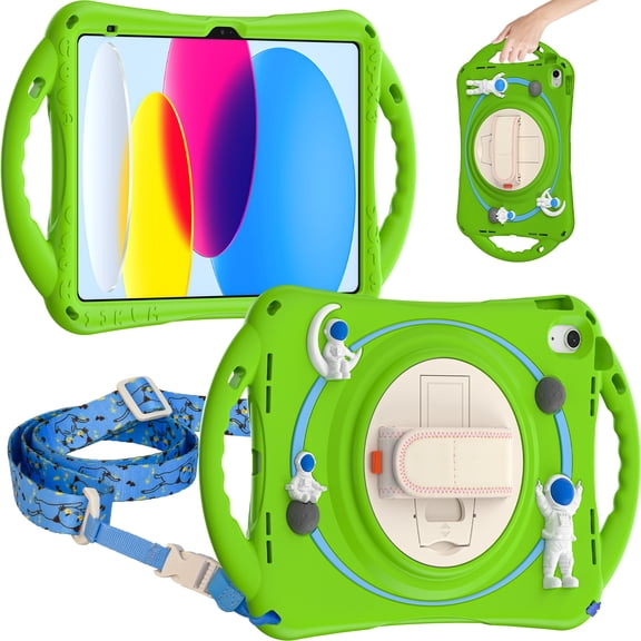 ELEHOLD for iPad 10.2 / iPad Pro 10.5 / iPad Air 5 Kids Case, Heavy Duty Pencil Cap Holder Kickstand 360° Rotating Hand Strap Carrying Shoulder Strap Shockproof Child-Proof Rugged Case, Green