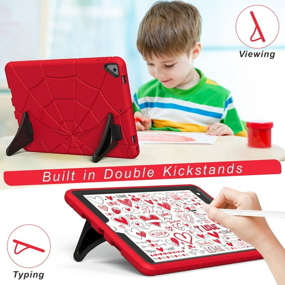 ELEHOLD for iPad 10.2 inch 9th/8th/7th Generation 2021/2020/2019 Rugged Case, Cute Cartoon Kids Friendly Built-in Double Kickstand Full Protection Shockproof Children Case,Red+Black