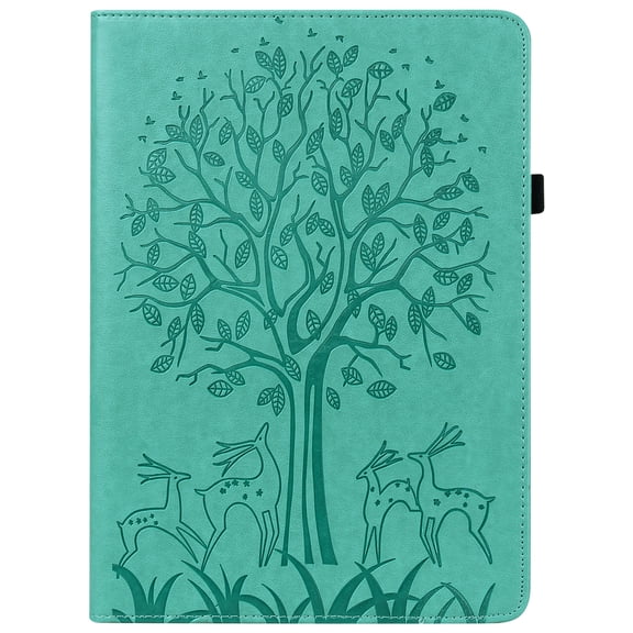 ELEHOLD for iPad 10.9" 2022 10th Gen Flip Leather Case with Card Slots Kickstand Pencil Holder Tree and Deer Pattern Skin-Touch Shockproof Cover,Green