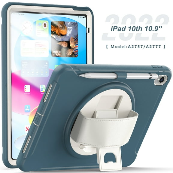 ELEHOLD for iPad 10th Gen 10.9" 2022 Rugged Case Three-Layer Protection with 360° Rotating Kickstand Adjustable Handstrap Pencil Holder Shockproof Case For iPad 10.9" 2022,Cornflowerblue