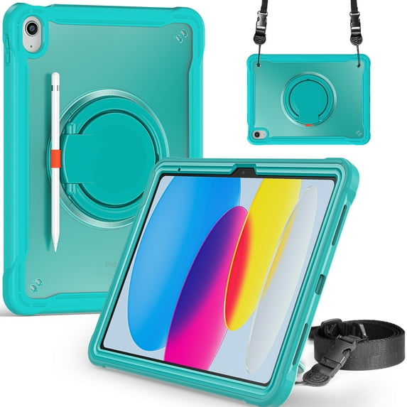 ELEHOLD for iPad 10th Gen 10.9 inch 2022 Rugged Case,Hybrid Shockproof Protective PC Matte Back Case with 360° Rotation Stand Handle Grip Crossbody Shoulder Strap for iPad 10th Generation - Blue