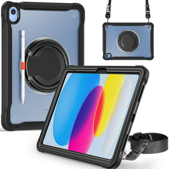 ELEHOLD for iPad 10th Gen 10.9 inch 2022 Rugged Case,Hybrid Shockproof Protective PC Matte Back Case with 360° Rotation Stand Handle Grip Crossbody Shoulder Strap for iPad 10th Generation - Black