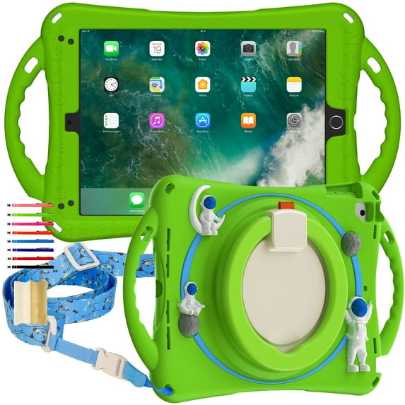 ELEHOLD for iPad 10th Generation 10.9 inch Kids Friendly Case, Heavy Duty Adjustable Crossbody Shoulder Strap 360 Degree Rotating Handle Grip Kickstand Landing Buffer Shockproof Rugged Case, Froggreen