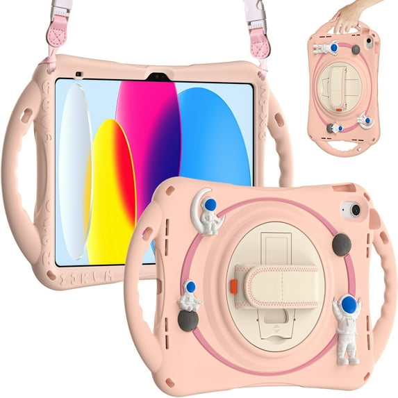 ELEHOLD for iPad 10th Generation 2022 10.9 inch Kids Case, Heavy Duty Pencil Cap Holder Kickstand 360° Rotating Hand Strap Carrying Shoulder Strap Shockproof Child-Proof Rugged Case, Pink