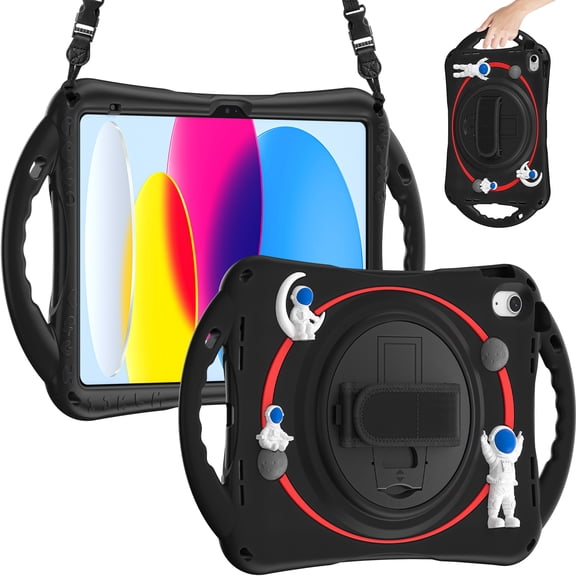 ELEHOLD for iPad 10th Generation 2022 10.9 inch Kids Case, Heavy Duty Pencil Cap Holder Kickstand 360° Rotating Hand Strap Carrying Shoulder Strap Shockproof Child-Proof Rugged Case, Black
