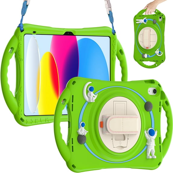 ELEHOLD for iPad 10th Generation 2022 10.9 inch Kids Case, Heavy Duty Pencil Cap Holder Kickstand 360° Rotating Hand Strap Carrying Shoulder Strap Shockproof Child-Proof Rugged Case, Green