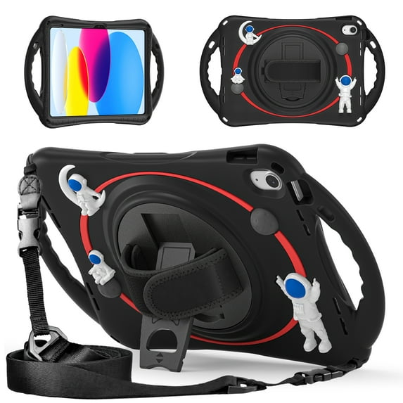 ELEHOLD for iPad 10th Generation 2022 10.9 inch Kids Case, Heavy Duty Pencil Cap Holder Kickstand 360° Rotating Hand Strap Shockproof Child-Proof Rugged Case, Black