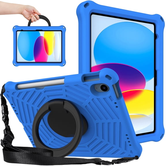 ELEHOLD for iPad 10th Generation Case with Shoulder Strap, 360 Rotating Stand Kids Case Hybrid Shockproof Rugged Cover with Pencil Holder for iPad 10th Gen 10.9-inch 2022,Blue