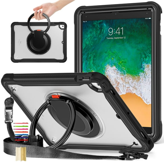 ELEHOLD for iPad 6th/5th Gen/Pro 9.7" Rugged Case,Hybrid Shockproof Protective PC Matte Back Case with  360° Rotation Stand Handle Grip Crossbody Shoulder Strap for iPad 6th/5th Gen 9.7 Inch - Black