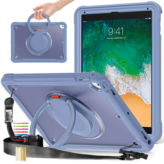ELEHOLD for iPad 6th/5th Gen/Pro 9.7" Rugged Case,Hybrid Shockproof Protective PC Matte Back Case with  360° Rotation Stand Handle Grip Crossbody Shoulder Strap for iPad 6th/5th Gen 9.7 Inch - Purple