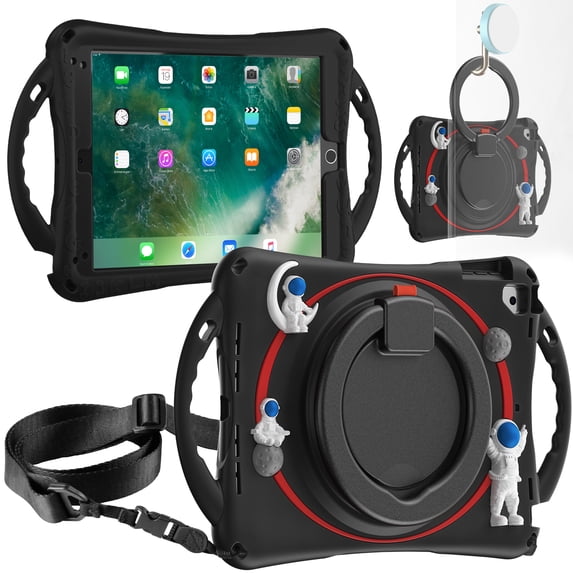 ELEHOLD for iPad 6th/5th Gen / Pro 9.7 inch (2018/2017/2016) Kids Friendly Case, Heavy Duty 360 Degree Rotating Handle Grip Kickstand Landing Buffer Shockproof Rugged Case, Black