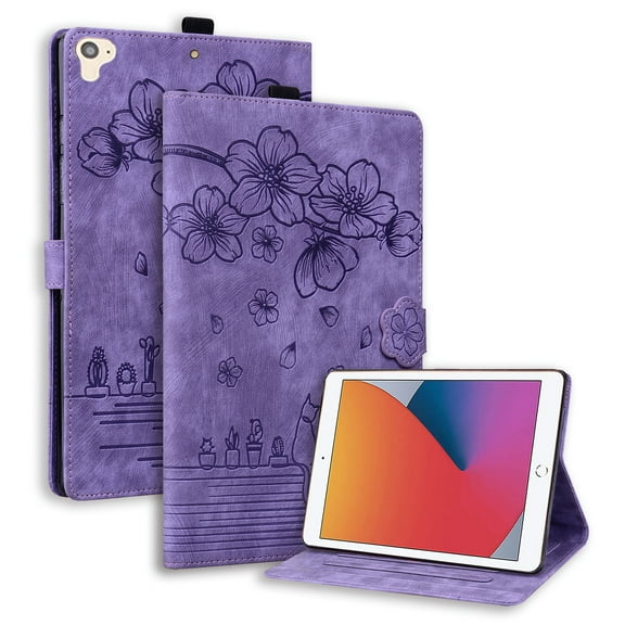 ELEHOLD for iPad 6th 5th Gen Pro 9.7 inch 2018/2017/2016 Leather Case,Embossed Flower Pattern Folio Flip Case Card Slots Kickstand Magnetic Clasp Shockproof Protective Case for iPad 9.7", Purple
