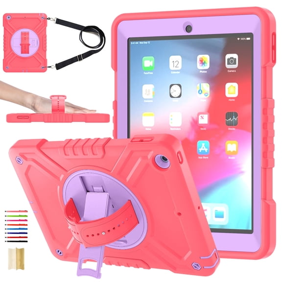 ELEHOLD for iPad 6th/5th Generation 9.7 Inch 2018/2017 Rugged Case, Shockproof Heavy Duty Protective Cover with 360° Rotation Handle Strap & Kickstand & Shoulder Strap for iPad 9.7" - Red Purple