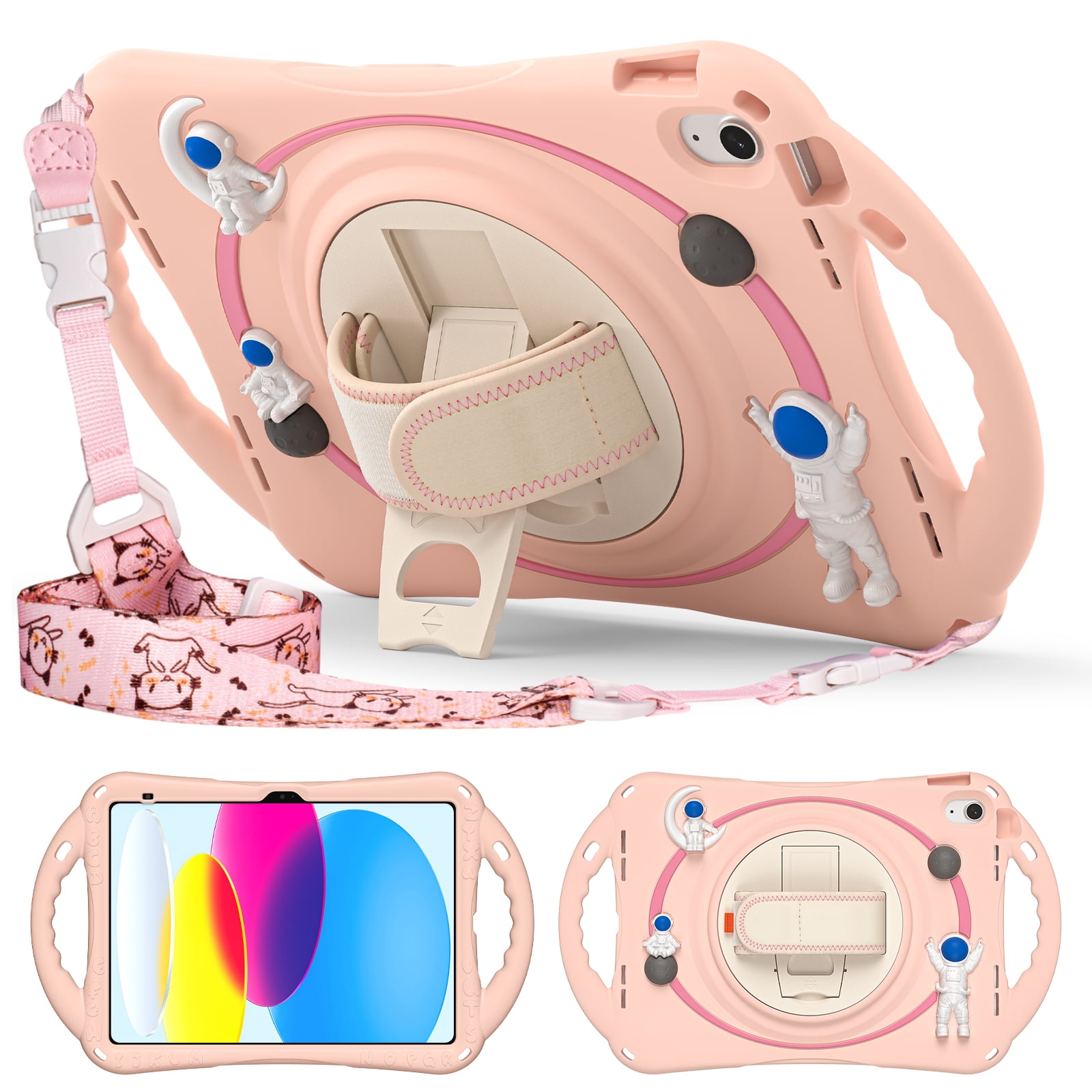 ELEHOLD for iPad 6th/5th Generation 9.7 inch Kids Case, Heavy Duty Pencil Cap Holder Kickstand 360° Rotating Hand Strap Carrying Shoulder Strap Shockproof Child-Proof Rugged Case, Pink