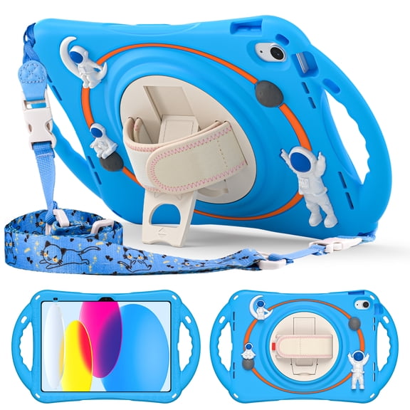 ELEHOLD for iPad 6th/5th Generation 9.7 inch Kids Case, Heavy Duty Pencil Cap Holder Kickstand 360° Rotating Hand Strap Carrying Shoulder Strap Shockproof Child-Proof Rugged Case, Blue