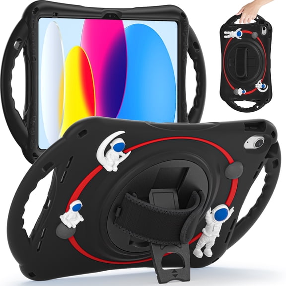 ELEHOLD for iPad 6th/5th Generation 9.7 inch Kids Case, Heavy Duty Pencil Cap Holder Kickstand 360° Rotating Hand Strap Shockproof Child-Proof Rugged Case, Black