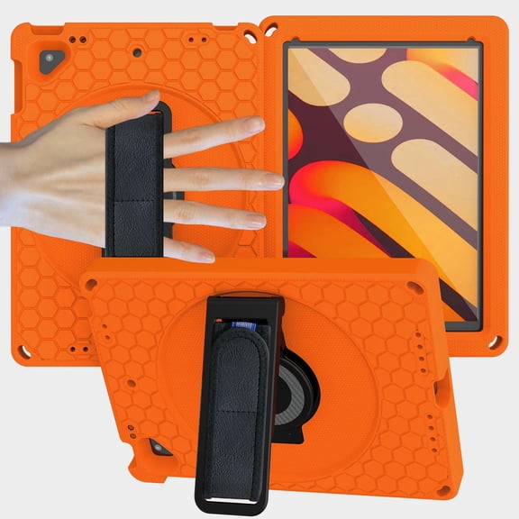 ELEHOLD for iPad 6th/5th Generation 9.7 inch Rugged Case, Heavy Duty Protection Hand Strap Built-in Kickstand Crossbody Shoulder Strap Shockproof Case for iPad 9.7 inch 6th/5th 2018/2017,Orange