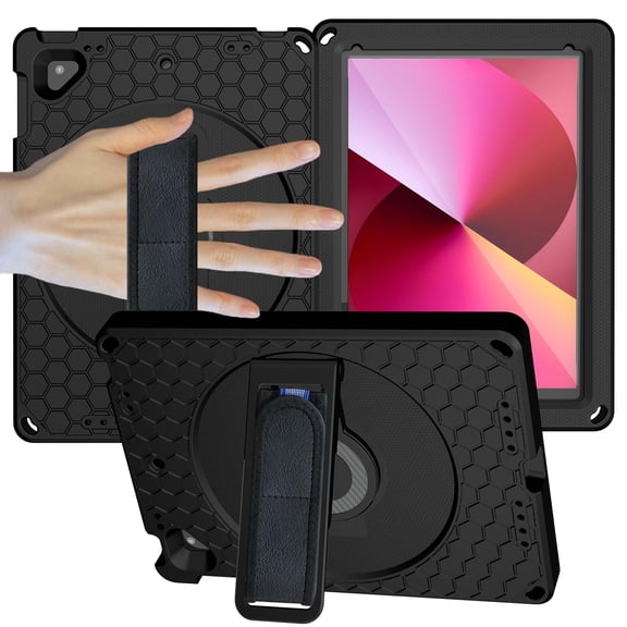 ELEHOLD for iPad 6th/5th Generation 9.7 inch Rugged Case, Heavy Duty Protection Hand Strap Built-in Kickstand Crossbody Shoulder Strap Shockproof Case for iPad 9.7 inch 6th/5th 2018/2017,Black