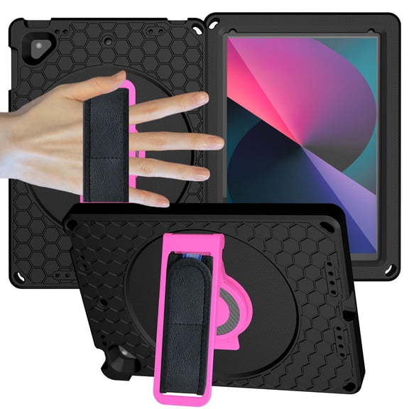 ELEHOLD for iPad 6th/5th Generation 9.7 inch Rugged Case, Heavy Duty Protection Hand Strap Built-in Kickstand Crossbody Shoulder Strap Shockproof Case for iPad 9.7 inch 6th/5th 2018/2017,Black/Rose